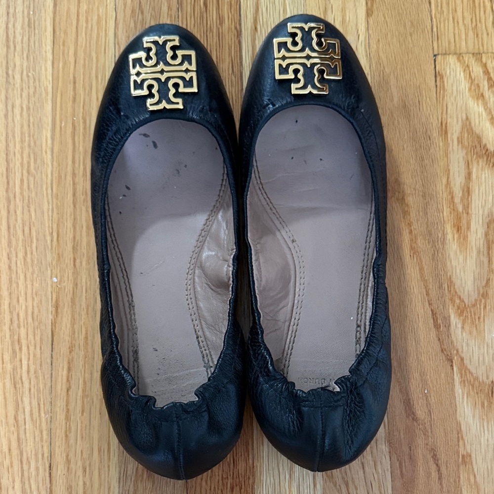 Tory Burch Black Flats with Gold Logo